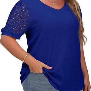 Plus Size Tops for Women Summer Blouse Waffle Knit Short Lace Sleeve Shirts